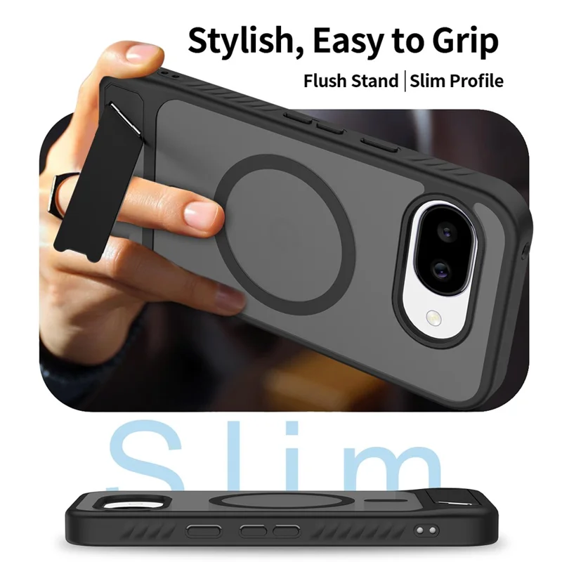For Google Pixel 10a Magnetic Case Kickstand Slim TPU PC Cover with Tempered Glass Screen Protector - Black