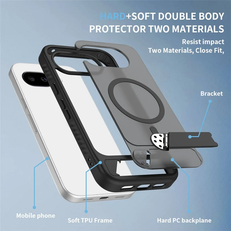 For Google Pixel 10a Magnetic Case Kickstand Slim TPU PC Cover with Tempered Glass Screen Protector - Black
