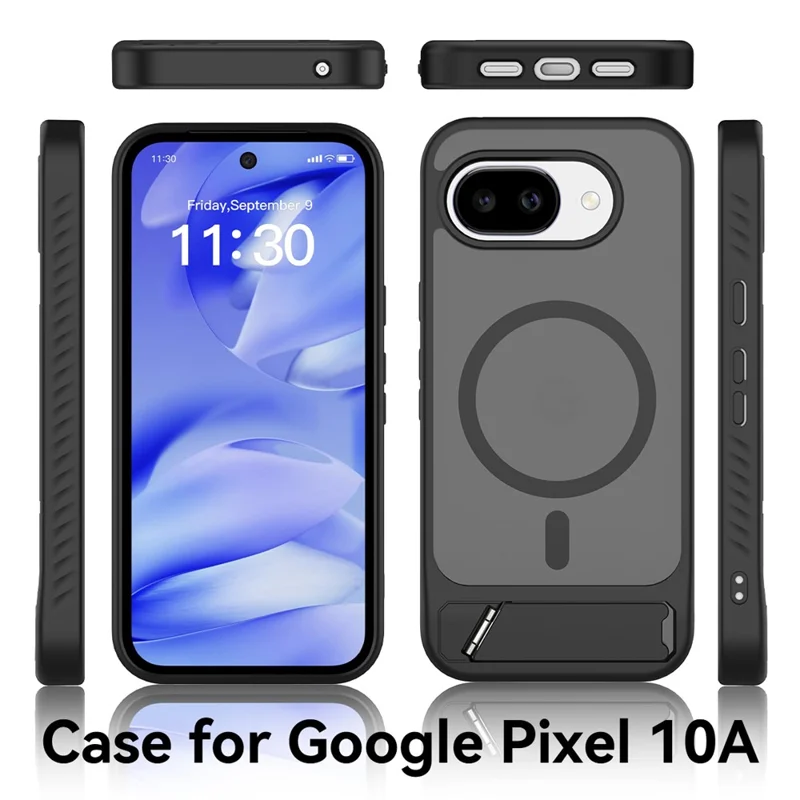 For Google Pixel 10a Magnetic Case Kickstand Slim TPU PC Cover with Tempered Glass Screen Protector - Black