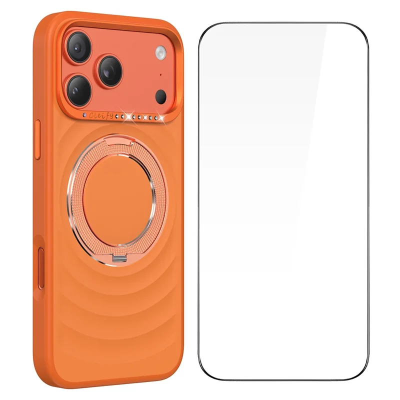 For iPhone 17 Pro Magnetic Case with 360° Rotating Ring Stand Wave Ripple Cover + Tempered Glass Screen Protector - Orange