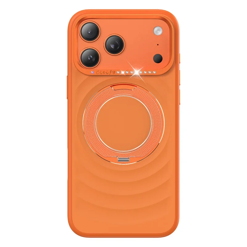 For iPhone 17 Pro Magnetic Case with 360° Rotating Ring Stand Wave Ripple Cover + Tempered Glass Screen Protector - Orange