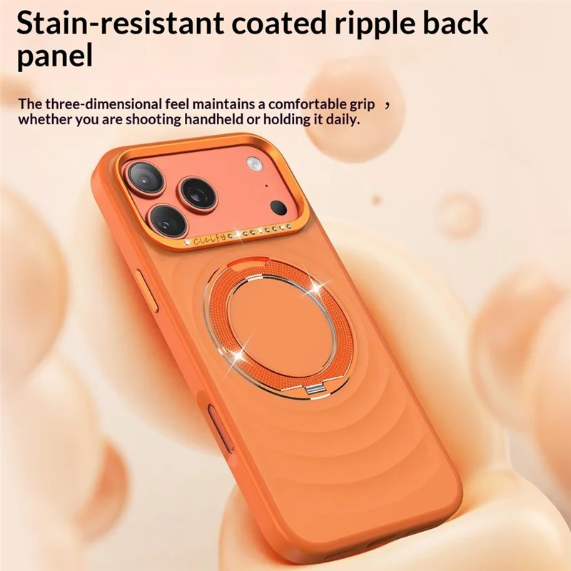 For iPhone 17 Pro Magnetic Case with 360° Rotating Ring Stand Wave Ripple Cover + Tempered Glass Screen Protector - Orange
