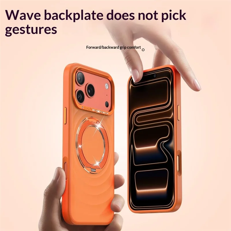 For iPhone 17 Pro Magnetic Case with 360° Rotating Ring Stand Wave Ripple Cover + Tempered Glass Screen Protector - Orange