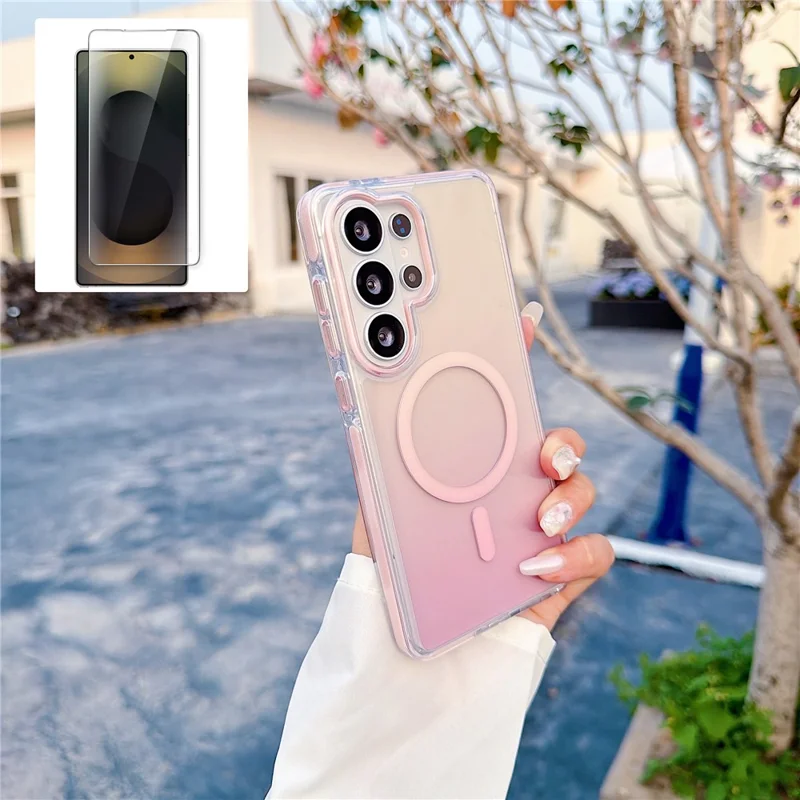 For Samsung Galaxy S26 Ultra Gradient Magnetic Case with Tempered Glass Screen Protector Shockproof TPU PC Clear Cover - Pink