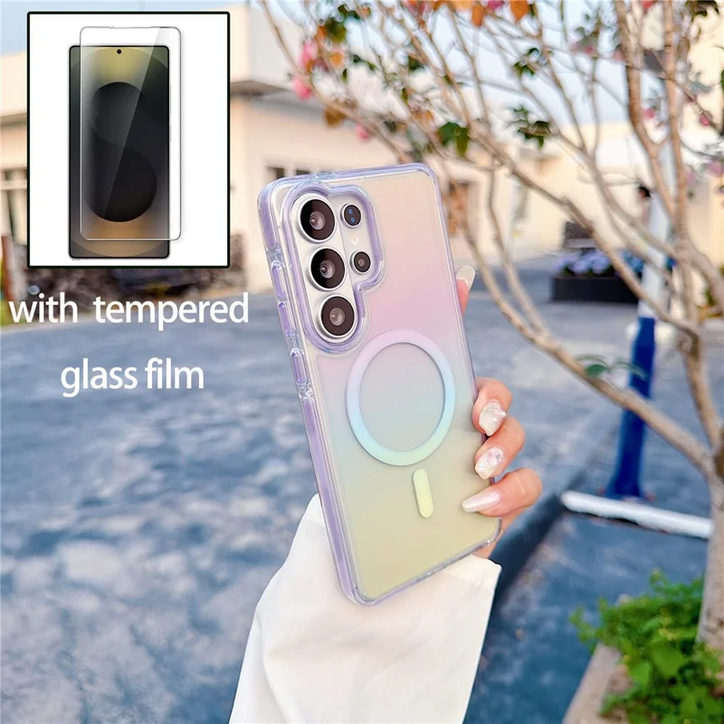 For Samsung Galaxy S26 Ultra Gradient Magnetic Case with Tempered Glass Screen Protector Shockproof TPU PC Clear Cover - Black