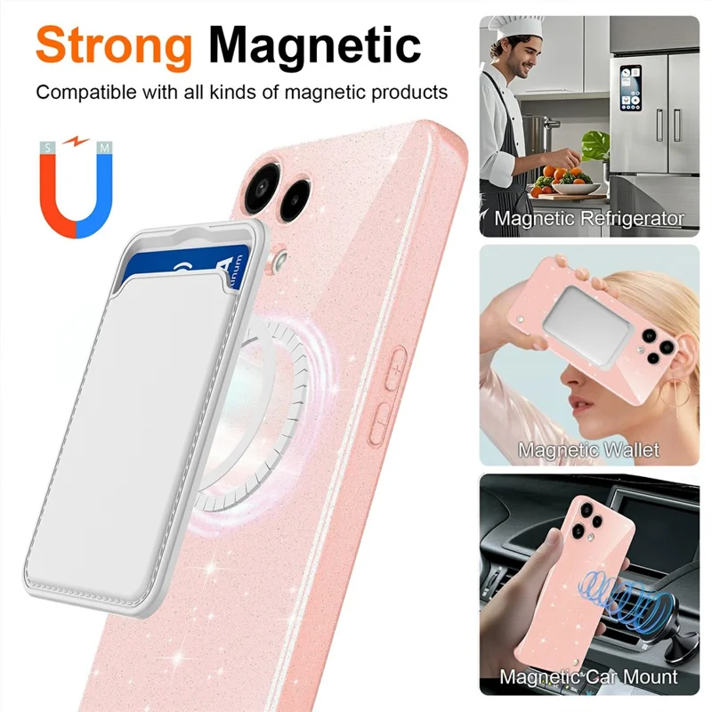 For Nothing Phone (3a) Lite 5G Magnetic Case Glitter TPU Shockproof Phone Cover with Lanyard - Pink