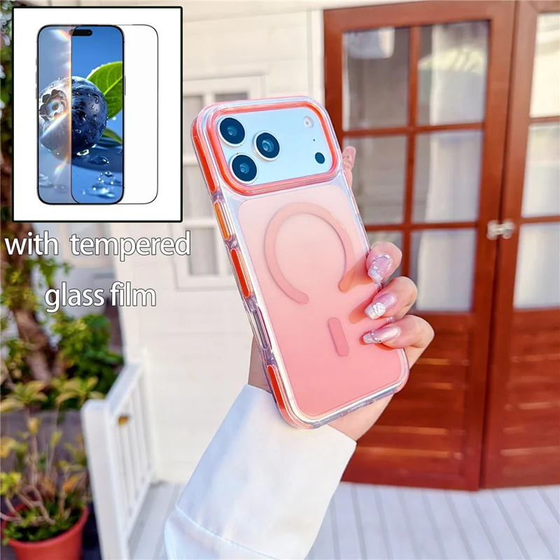 2Pcs for iPhone 17 Pro Gradient Magnetic Case with Tempered Glass Screen Protector Shockproof TPU PC Clear Cover - Orange