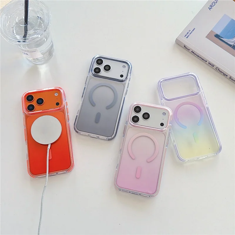 2Pcs for iPhone 17 Pro Gradient Magnetic Case with Tempered Glass Screen Protector Shockproof TPU PC Clear Cover - Orange