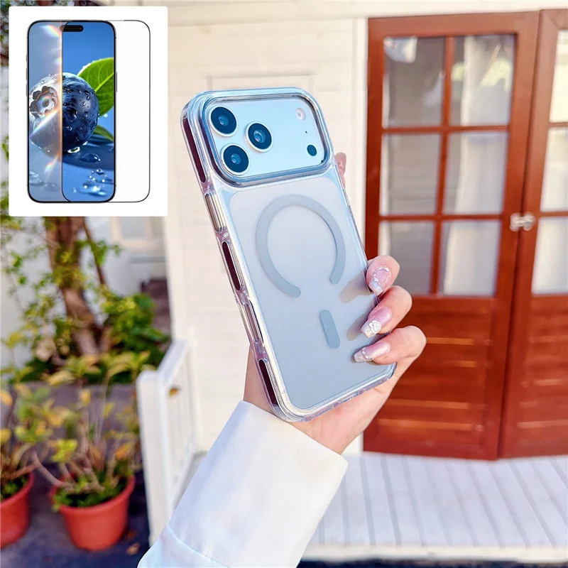 2Pcs for iPhone 17 Pro Gradient Magnetic Case with Tempered Glass Screen Protector Shockproof TPU PC Clear Cover - Black