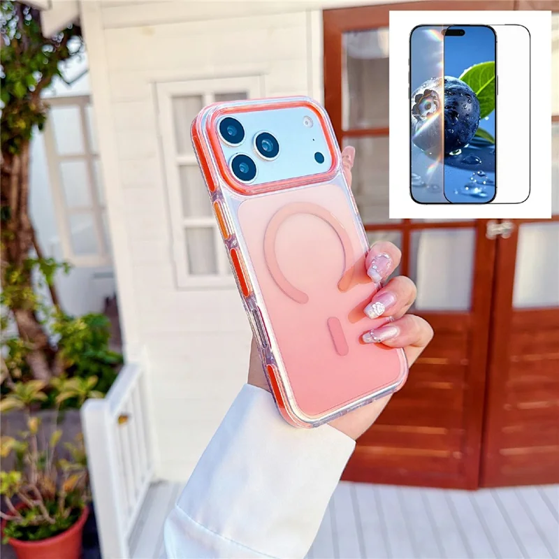 2Pcs for iPhone 17 Pro Max Gradient Magnetic Case with Tempered Glass Screen Protector Shockproof TPU PC Clear Cover - Orange