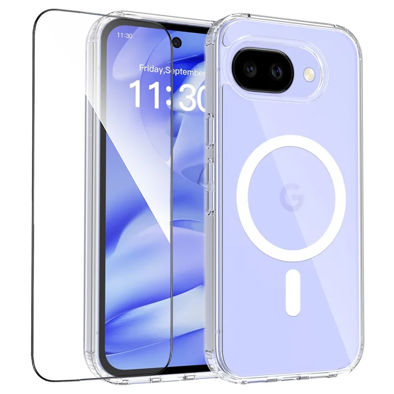 For Google Pixel 10a Magnetic Case Shockproof Acrylic Clear Cover with Tempered Glass Screen Protector - Transparent