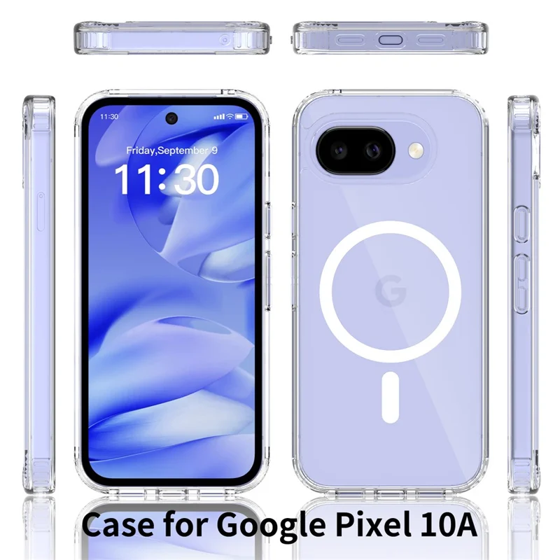 For Google Pixel 10a Magnetic Case Shockproof Acrylic Clear Cover with Tempered Glass Screen Protector - Transparent