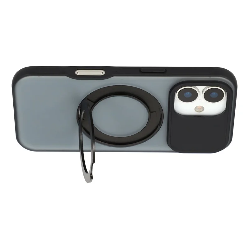 For iPhone 17 Magnetic Case Rotating Ring Kickstand PC + TPU Skin-touch Phone Cover - Transparent Black