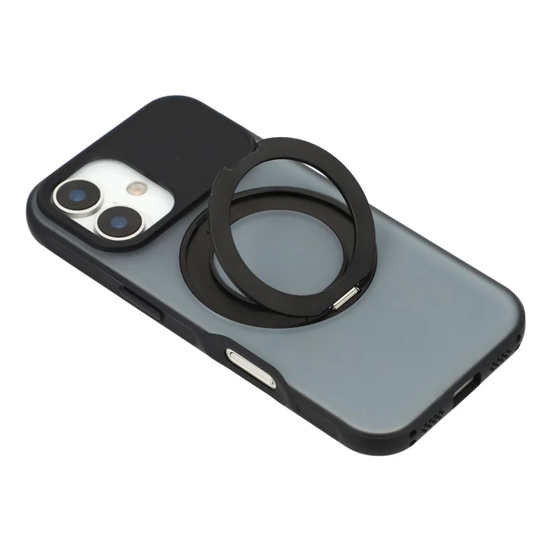 For iPhone 17 Magnetic Case Rotating Ring Kickstand PC + TPU Skin-touch Phone Cover - Transparent Black