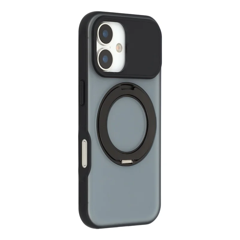 For iPhone 16 Magnetic Case Rotating Ring Kickstand PC + TPU Skin-touch Phone Cover - Transparent Black