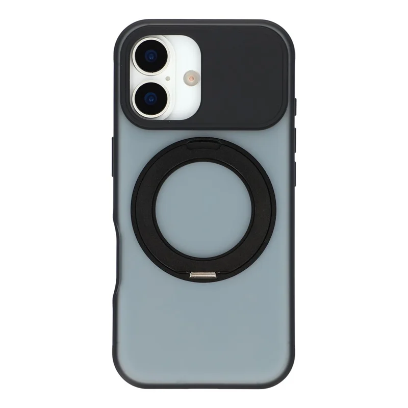 For iPhone 16 Magnetic Case Rotating Ring Kickstand PC + TPU Skin-touch Phone Cover - Transparent Black
