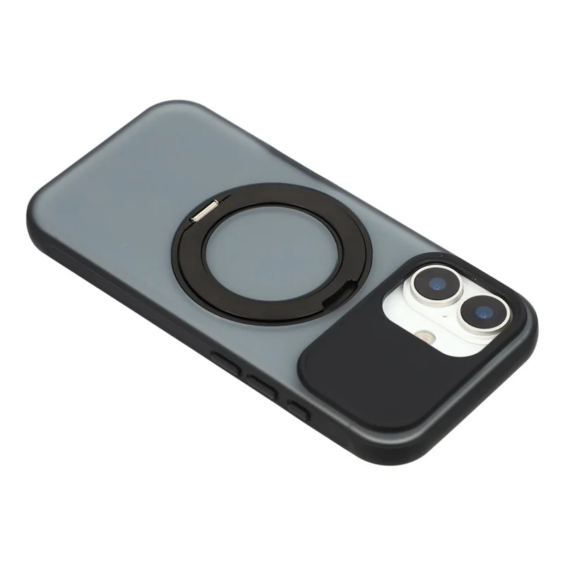 For iPhone 16 Magnetic Case Rotating Ring Kickstand PC + TPU Skin-touch Phone Cover - Transparent Black