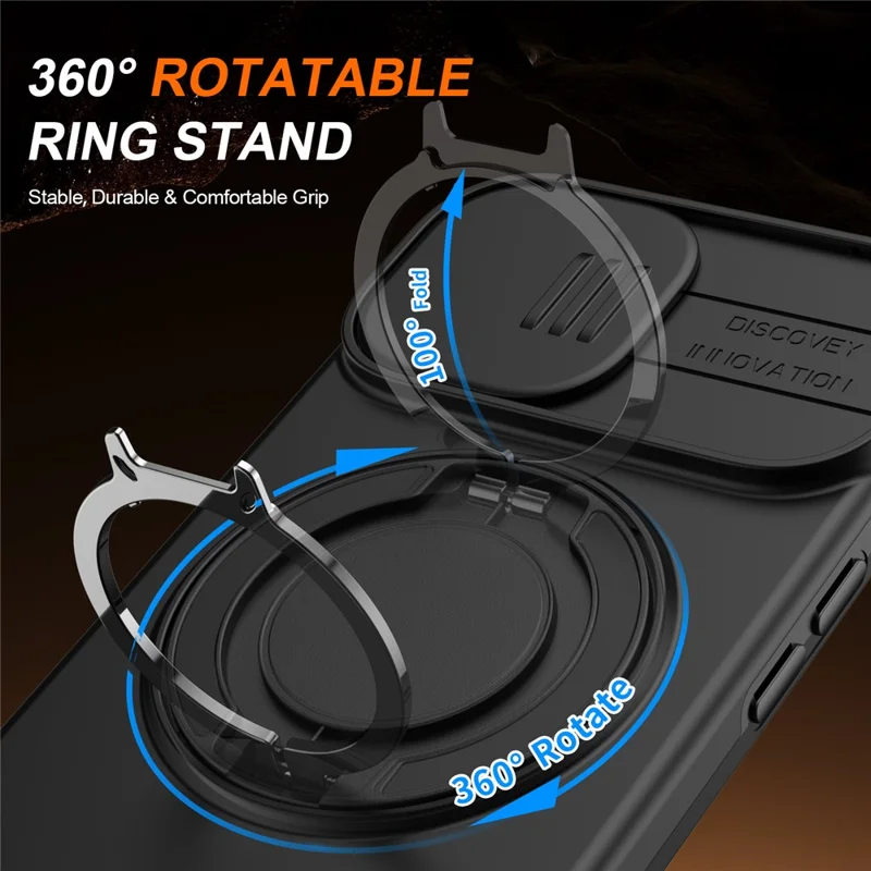 Coque pour iPhone 13 / 14 Coque magnétique avec anneau pivotant, support à glissière, coque hybride TPU PC - Noir