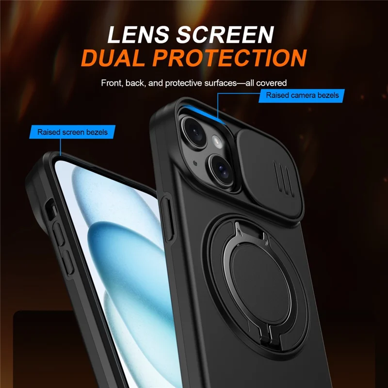 Coque pour iPhone 13 / 14 Coque magnétique avec anneau pivotant, support à glissière, coque hybride TPU PC - Noir