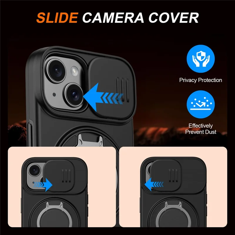 Coque pour iPhone 13 / 14 Coque magnétique avec anneau pivotant, support à glissière, coque hybride TPU PC - Noir