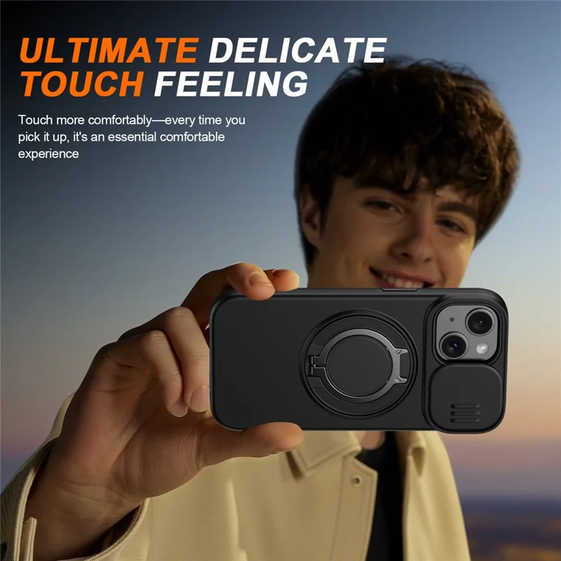 Coque pour iPhone 13 / 14 Coque magnétique avec anneau pivotant, support à glissière, coque hybride TPU PC - Noir