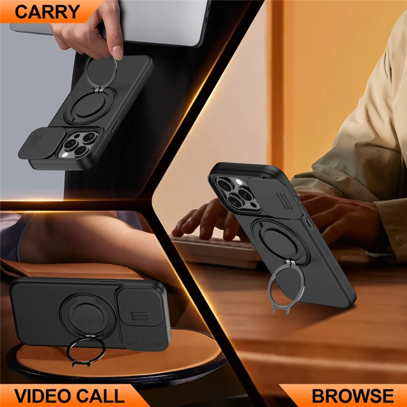 Custodia magnetica con anello supporto rotante e copertura scorrevole dell'obiettivo per iPhone 14 Pro, custodia ibrida in TPU e PC - Nero