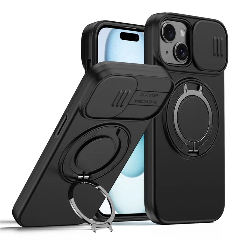 Coque pour iPhone 15 avec Anneau Magnétique, Support Pivotant, Couvercle à Glissière pour Appareil Photo, Coque Hybride TPU PC - Noir