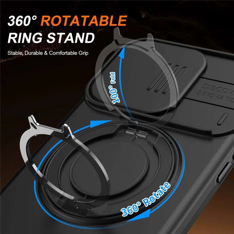 For iPhone 15 Pro Case Magnetic Case Ring Kickstand Slide Camera Cover TPU PC Hybrid Phone Shell - Black