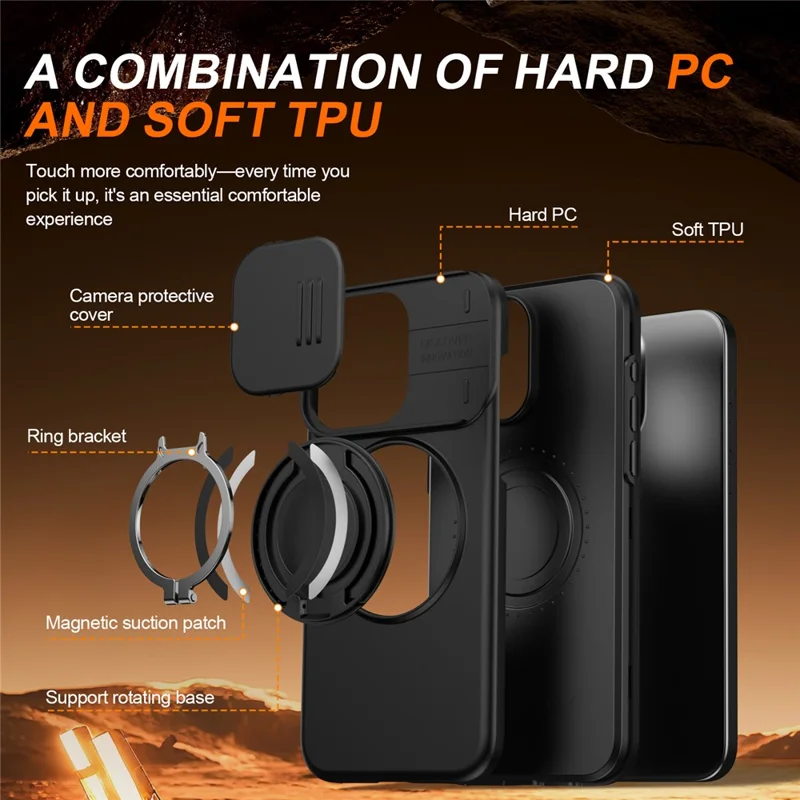 For iPhone 15 Pro Case Magnetic Case Ring Kickstand Slide Camera Cover TPU PC Hybrid Phone Shell - Black