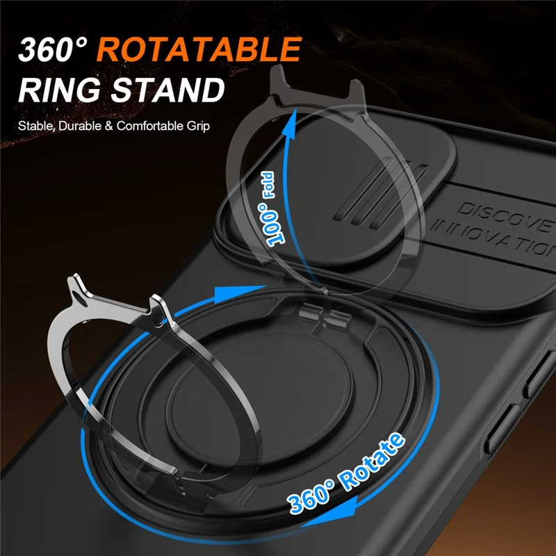 Für iPhone 16 Hülle Magnetische Hülle Mit Ringständer Und Schiebe-Objektivabdeckung TPU PC Hybrid-Handyhülle - Schwarz