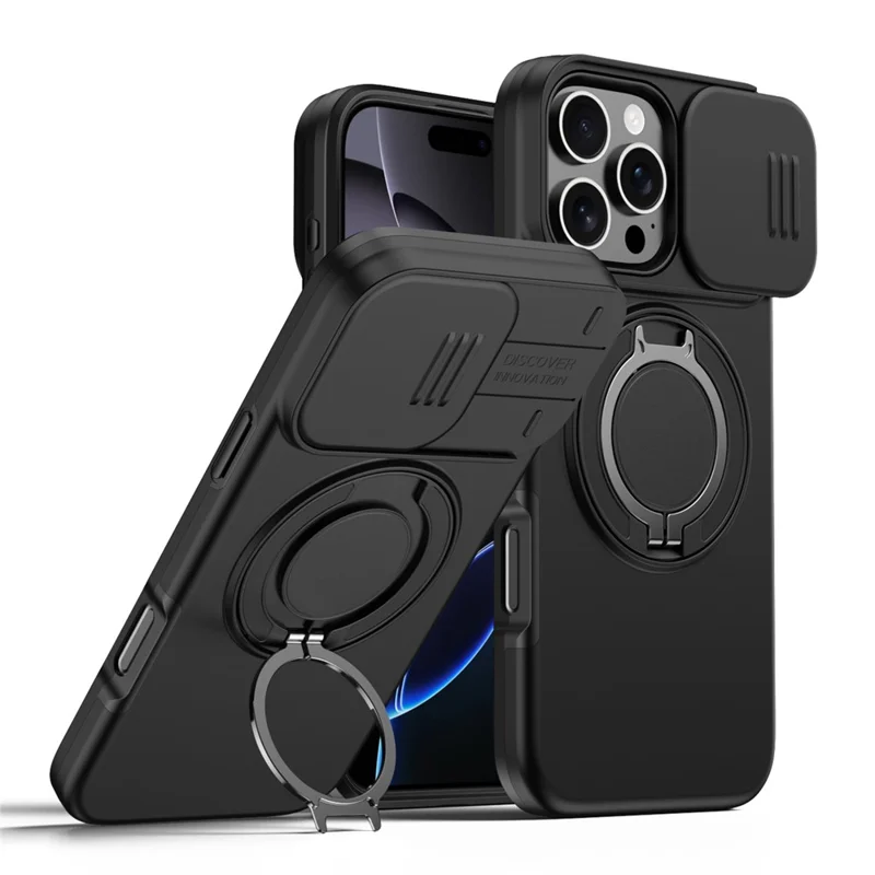 Cover per iPhone 16 Pro con Anello Magnetico, Supporto Girevole a 360°, Coperchio Scorrevole per Fotocamera, Custodia Ibrida in TPU e PC - Nero