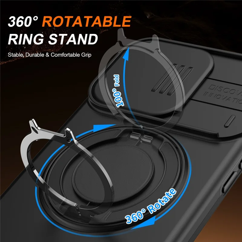Cover per iPhone 16 Pro con Anello Magnetico, Supporto Girevole a 360°, Coperchio Scorrevole per Fotocamera, Custodia Ibrida in TPU e PC - Nero