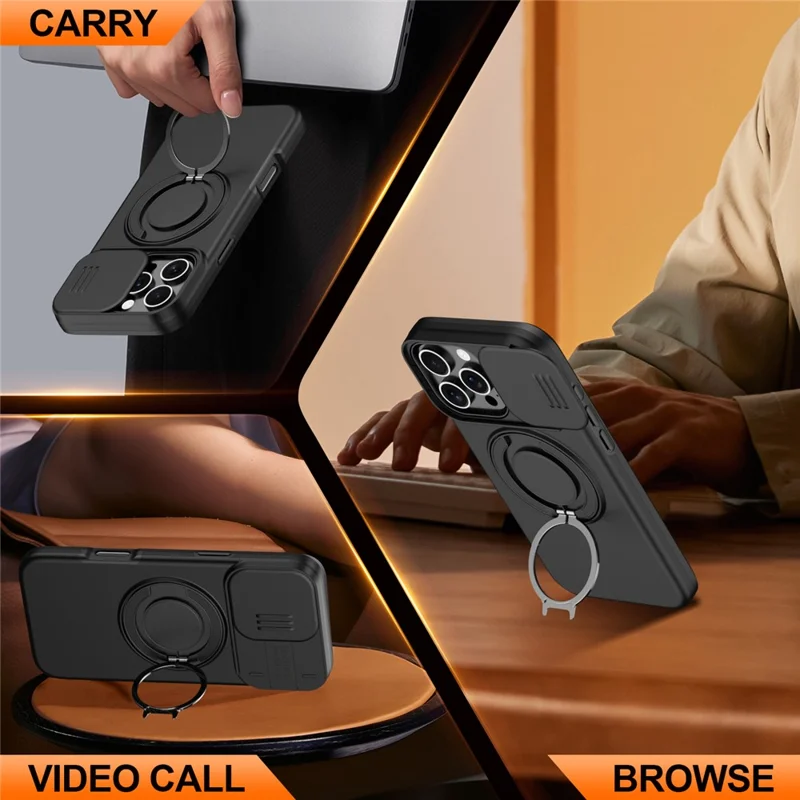 Cover per iPhone 16 Pro con Anello Magnetico, Supporto Girevole a 360°, Coperchio Scorrevole per Fotocamera, Custodia Ibrida in TPU e PC - Nero
