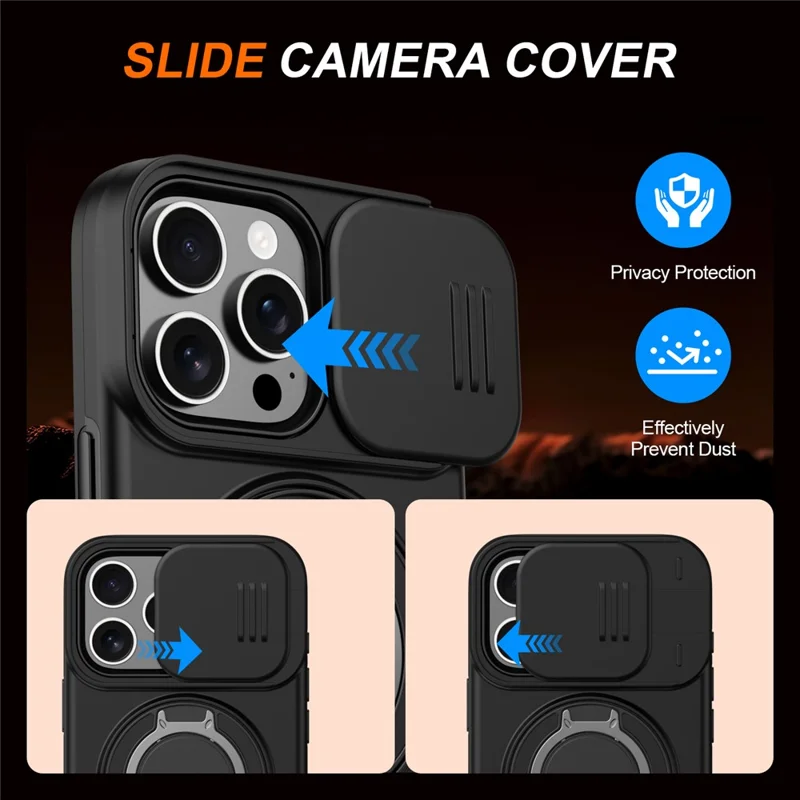 Cover per iPhone 16 Pro con Anello Magnetico, Supporto Girevole a 360°, Coperchio Scorrevole per Fotocamera, Custodia Ibrida in TPU e PC - Nero