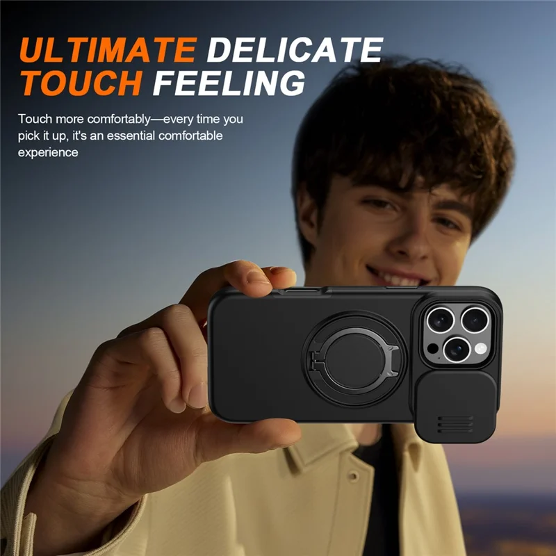 Cover per iPhone 16 Pro con Anello Magnetico, Supporto Girevole a 360°, Coperchio Scorrevole per Fotocamera, Custodia Ibrida in TPU e PC - Nero