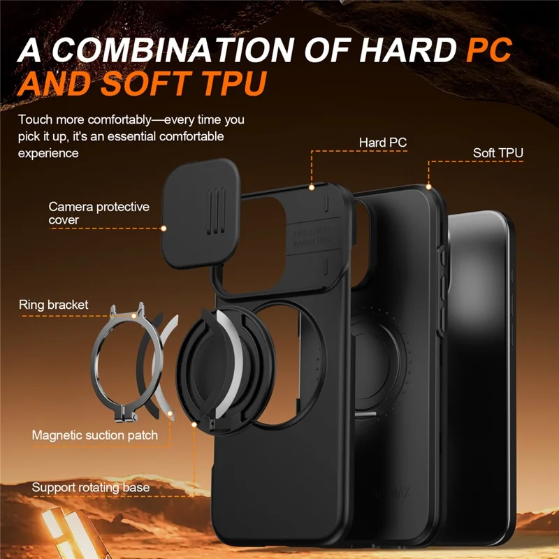 Cover per iPhone 16 Pro con Anello Magnetico, Supporto Girevole a 360°, Coperchio Scorrevole per Fotocamera, Custodia Ibrida in TPU e PC - Nero