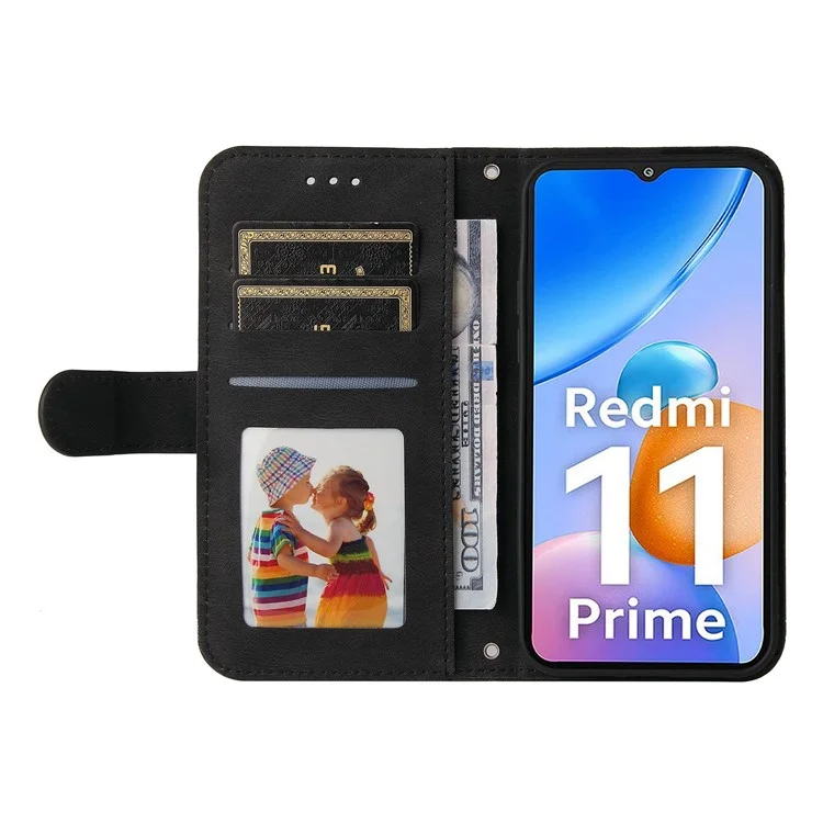 Pour Xiaomi Redmi 11 Prime 4G PU Cuir Flip Portefeuille Étui de Téléphone Téléphone Faut Modèle de Décoration de Bouton Métal - le Noir