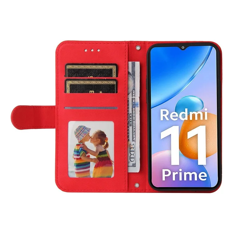For Xiaomi Redmi 11 Prime 4G Leather Wallet Cases Skin Touch Phone Cover Stand with Strap - Red