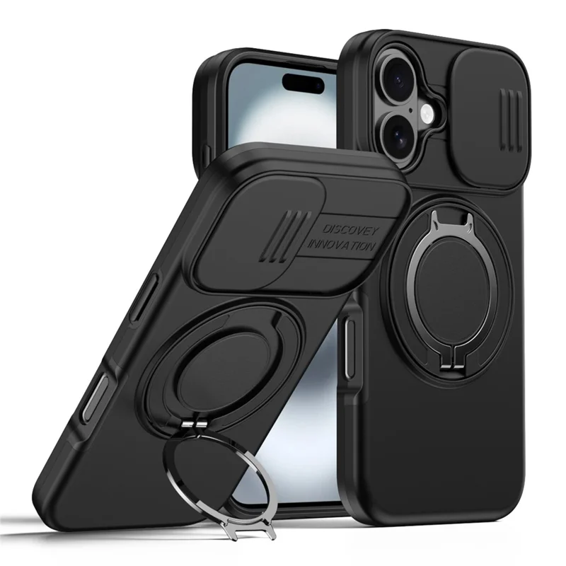 For iPhone 16 Plus Case Magnetic Case Ring Kickstand Slide Camera Cover TPU PC Hybrid Phone Shell - Black