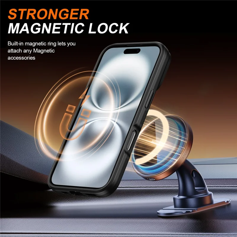 For iPhone 16 Plus Case Magnetic Case Ring Kickstand Slide Camera Cover TPU PC Hybrid Phone Shell - Black