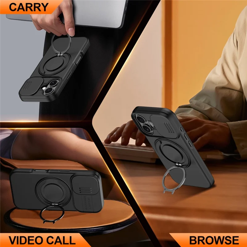 For iPhone 16 Plus Case Magnetic Case Ring Kickstand Slide Camera Cover TPU PC Hybrid Phone Shell - Black