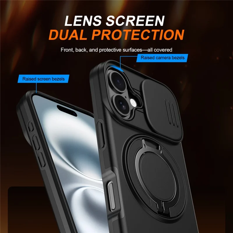 For iPhone 16 Plus Case Magnetic Case Ring Kickstand Slide Camera Cover TPU PC Hybrid Phone Shell - Black