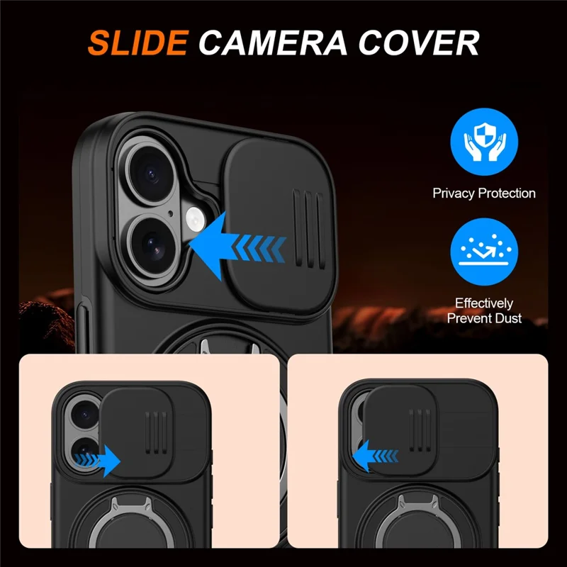For iPhone 16 Plus Case Magnetic Case Ring Kickstand Slide Camera Cover TPU PC Hybrid Phone Shell - Black