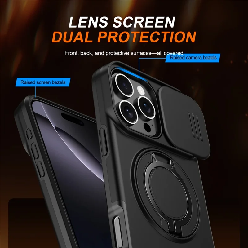 For iPhone 16 Pro Max Case Magnetic Case Ring Kickstand Slide Camera Cover TPU PC Hybrid Phone Shell - Black