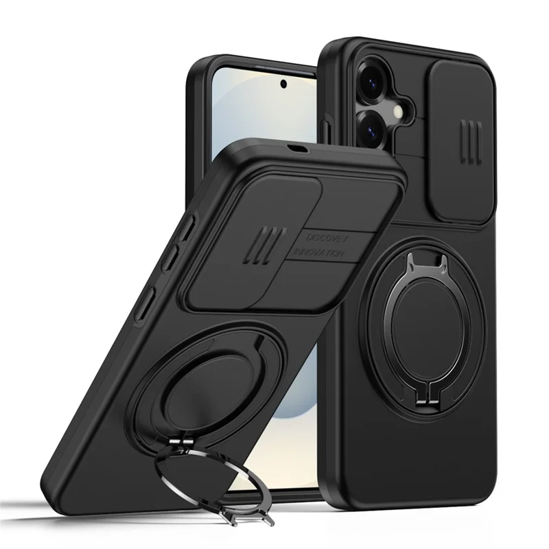 For Samsung Galaxy A35 5G Case Magnetic Case Ring Kickstand Slide Camera Cover TPU PC Hybrid Phone Shell - Black