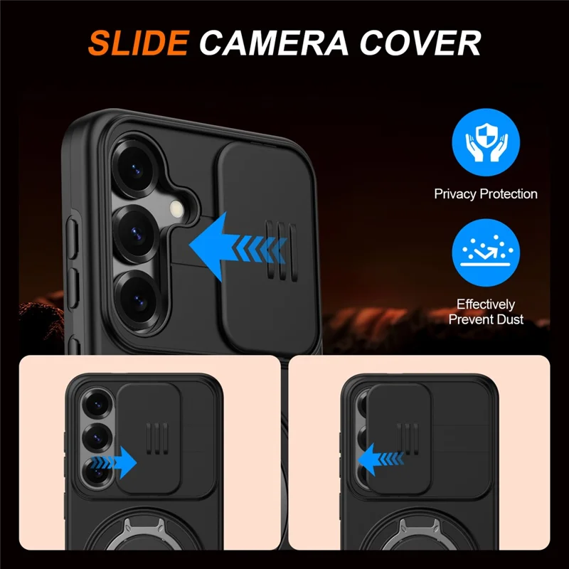 For Samsung Galaxy A35 5G Case Magnetic Case Ring Kickstand Slide Camera Cover TPU PC Hybrid Phone Shell - Black