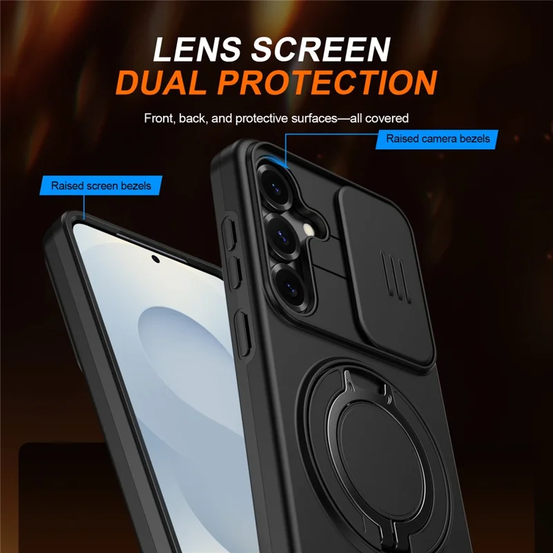 Für Samsung Galaxy A55 5G Hülle Magnetische Hülle Mit Ringständer Und Verschiebbarem Kameradeckel TPU PC Hybrid-Handyhülle - Schwarz