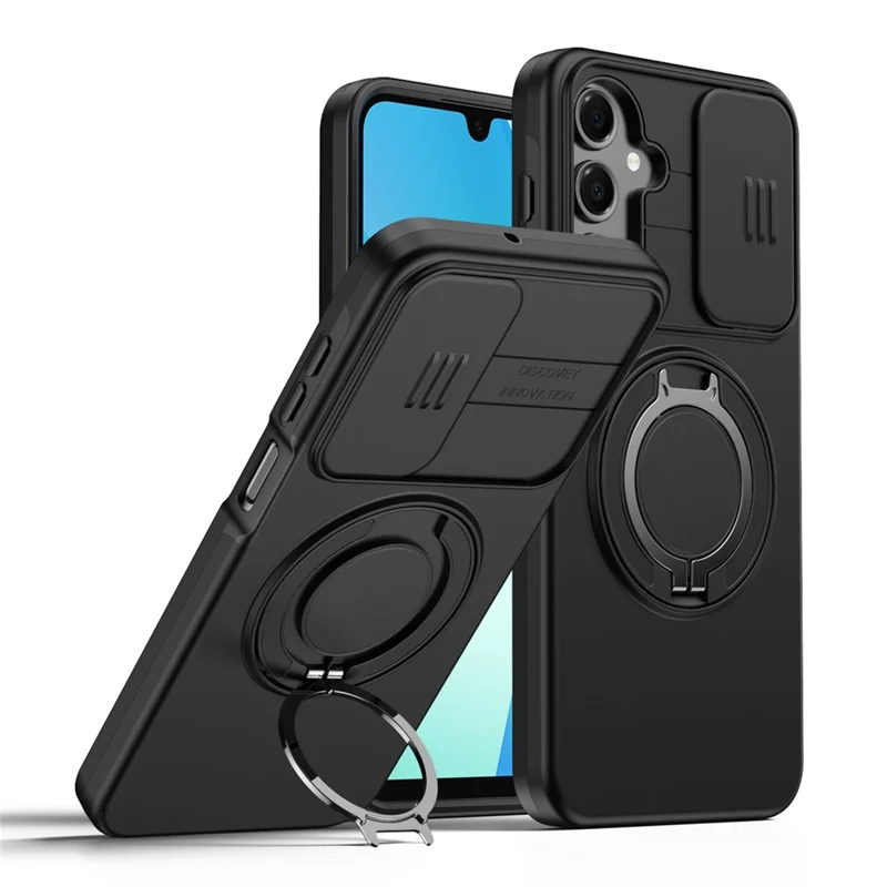 For Samsung Galaxy A16 5G  /  A16 4G Case Magnetic Case Ring Kickstand Slide Camera Cover TPU PC Hybrid Phone Shell - Black