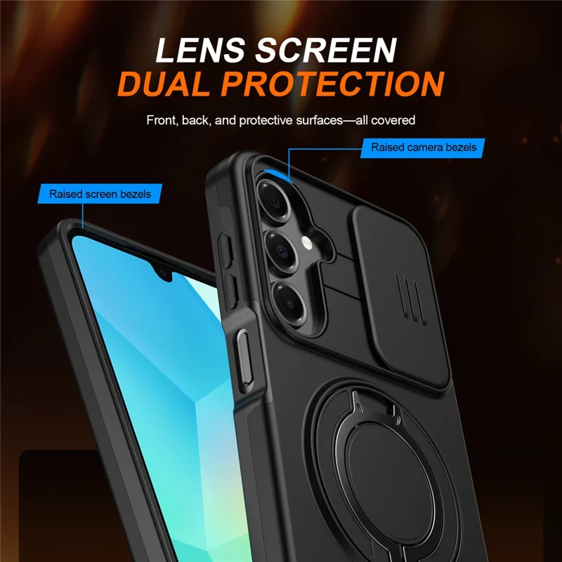 For Samsung Galaxy A16 5G  /  A16 4G Case Magnetic Case Ring Kickstand Slide Camera Cover TPU PC Hybrid Phone Shell - Black