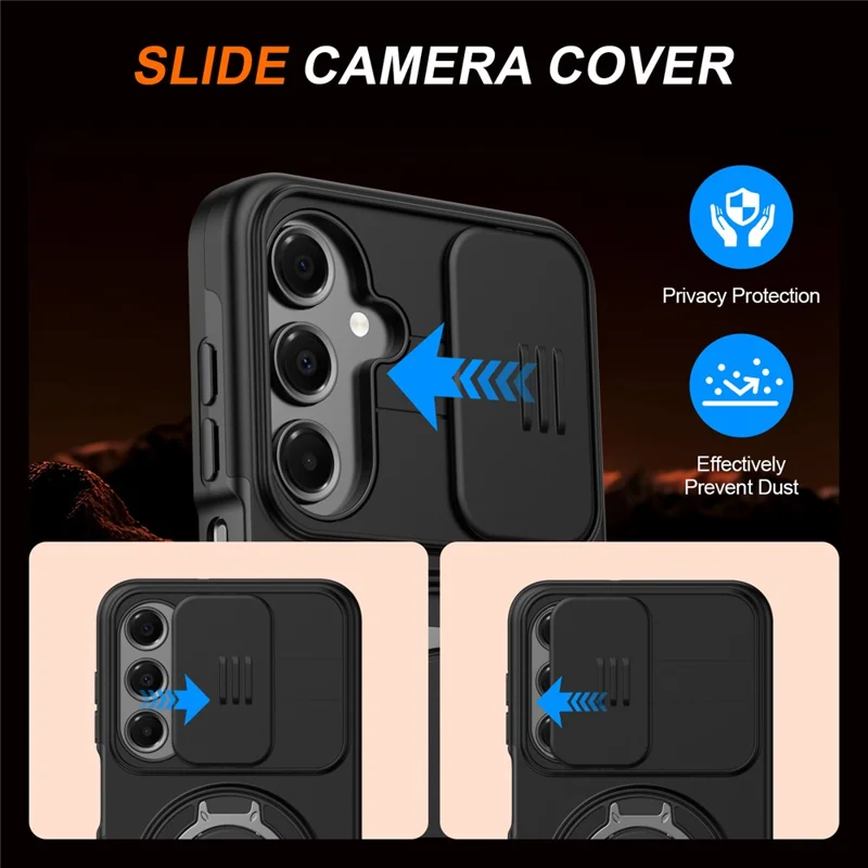 For Samsung Galaxy A16 5G  /  A16 4G Case Magnetic Case Ring Kickstand Slide Camera Cover TPU PC Hybrid Phone Shell - Black